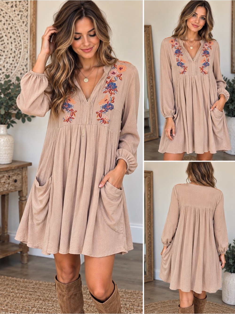 Annabelle Boho Embroidered Floral Babydoll Mini Dress w/ Pockets Size S
